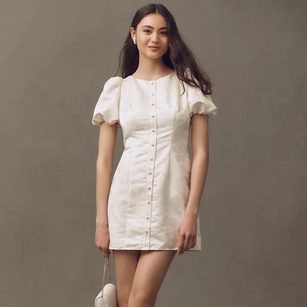 Anthropologie Hutch Puff-Sleeve Crew-Neck Jacquard Button-Front Mini Dress